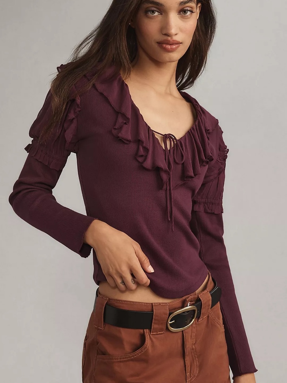 Anthropologie Purple Ruffle Tie Front Balletcore Fairycore Romantic Top S